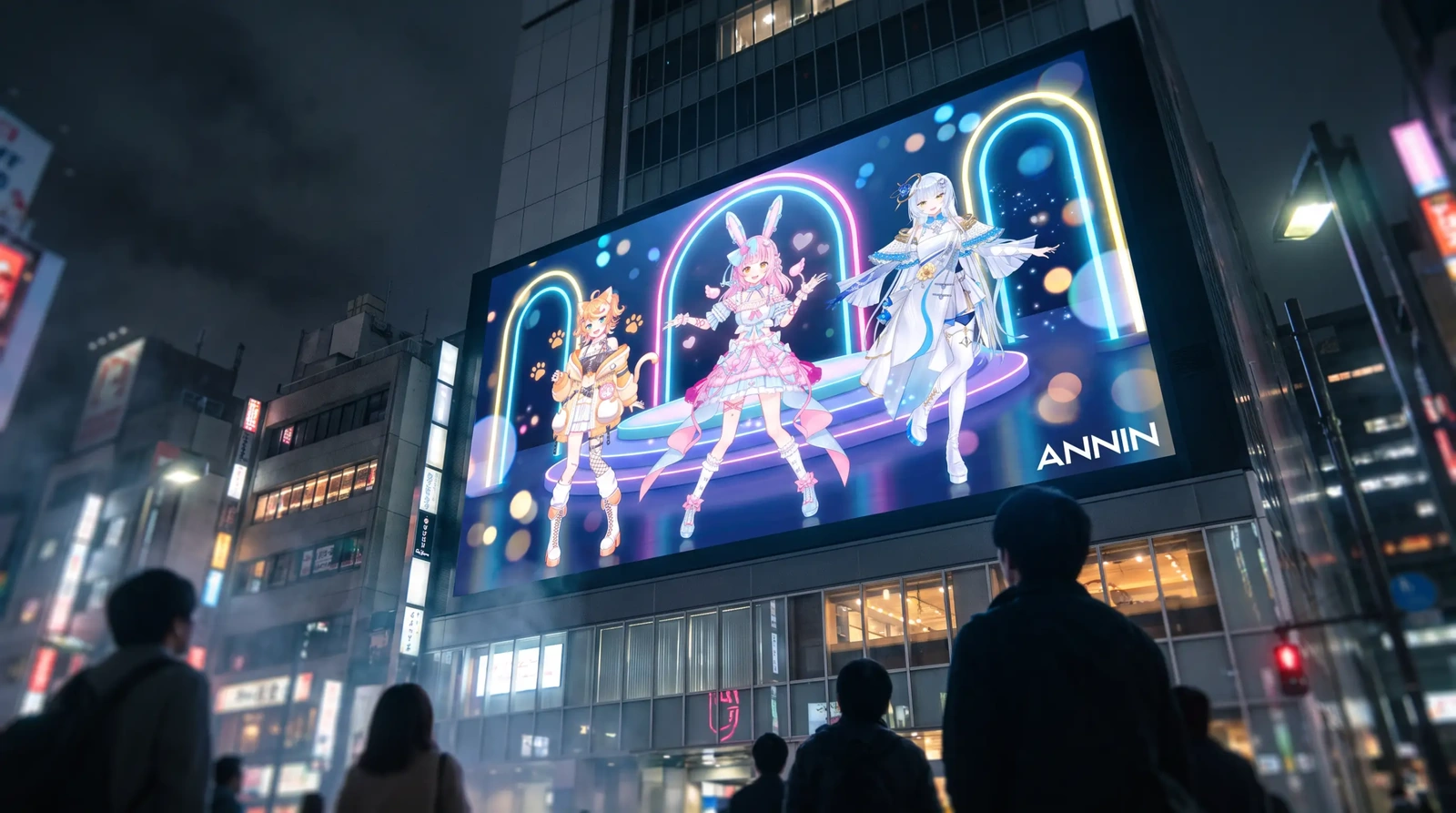 街の大型ビジョンに映るANNINのバーチャルタレント